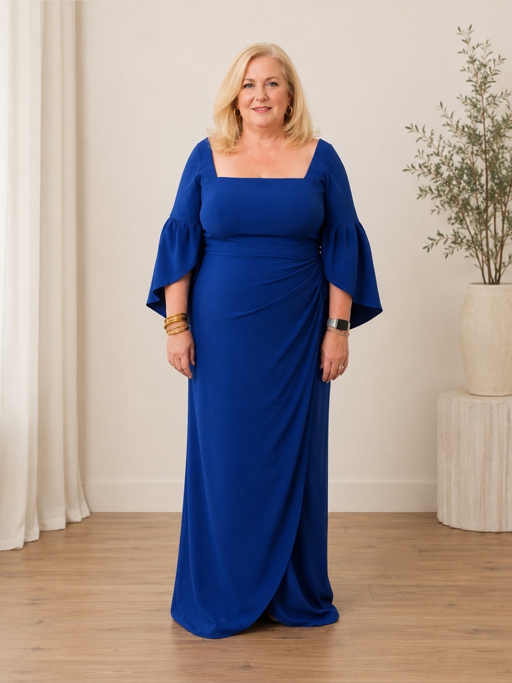 Jovani’s 39082B Royal Blue Square Neck Bell Sleeve Formal Gown Dress Size 16 NWT